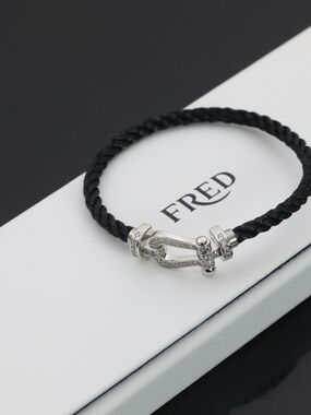 FRED Black Braided Leather Bracelet with Silver Pave Clasp
